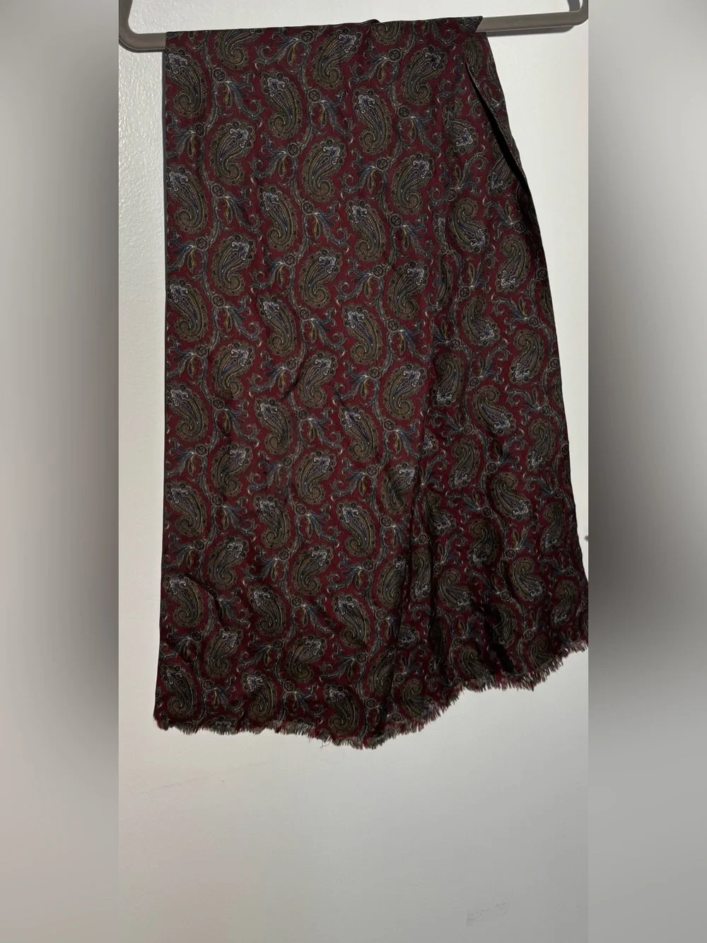 Paisley Silk twill Scarf in Burgundy with Blue, Green & Gold Accents.